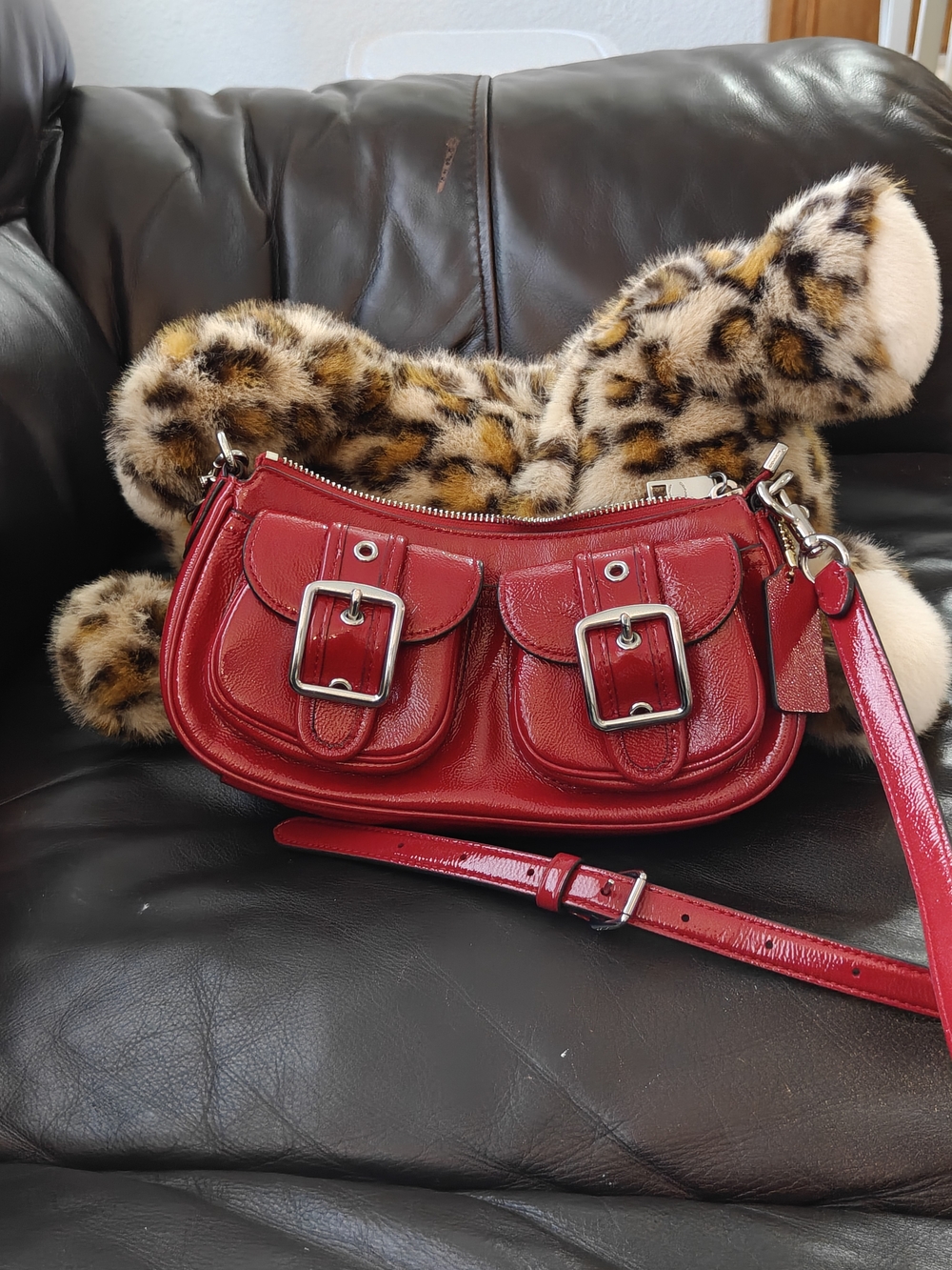 Coach Red Leather Shoulder Bag with Front Buckle Pockets
